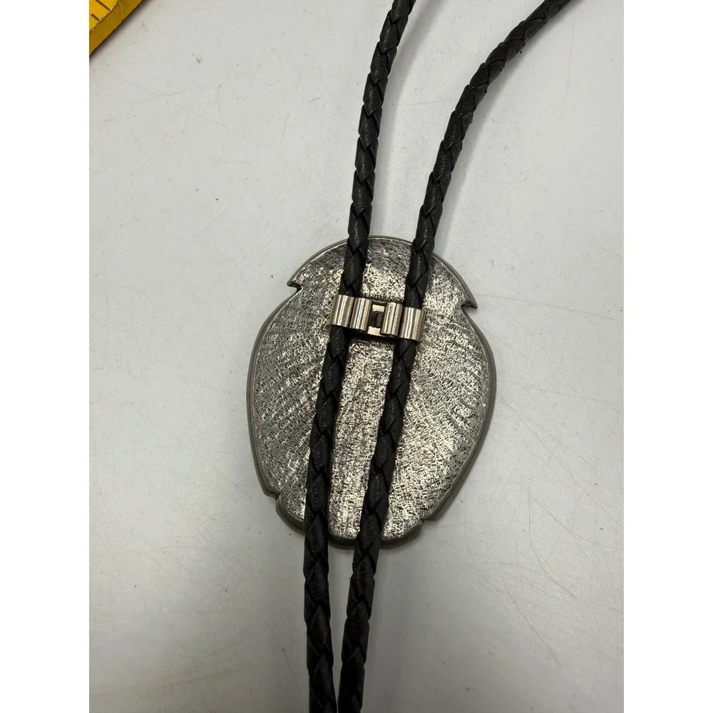 Vintage AHD Geometric Abstract Bolo Tie Black Braided Cord Pewter Tone Western
